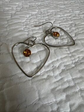 Silver Heart Hoop Earrings with Amber Crystal Accent